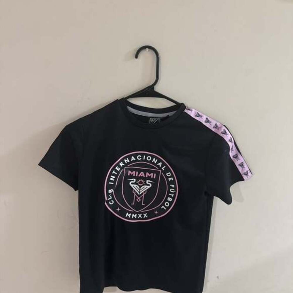 Black Inter Miami CF MLS Soccer T-Shirt Size S with Pink Striped Sleeves